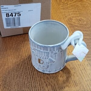Anthropologie Snowcap Monogram D Mug - off-white, grey, metallic gold